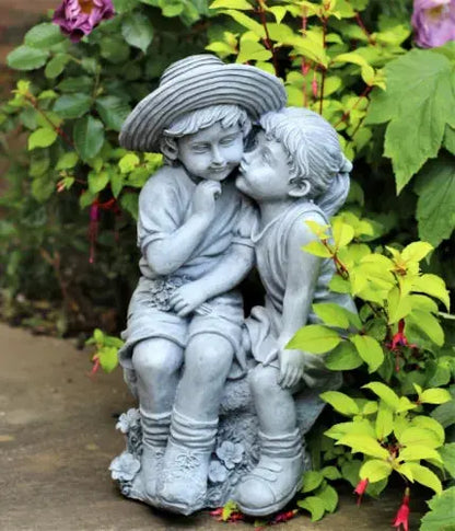 Garden Ornaments Boy & Girl Loving Kissing Cherub Statue Decor Beige Grey Large Royalcart