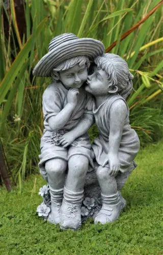 Garden Ornaments Boy & Girl Loving Kissing Cherub Statue Decor Beige Grey Large Royalcart