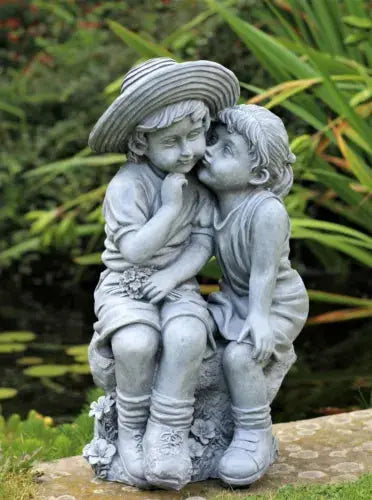 Garden Ornaments Boy & Girl Loving Kissing Cherub Statue Decor Beige Grey Large Royalcart