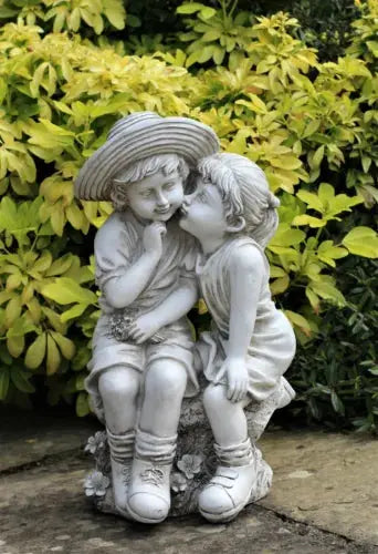 Garden Ornaments Boy & Girl Loving Kissing Cherub Statue Decor Beige Grey Large Royalcart