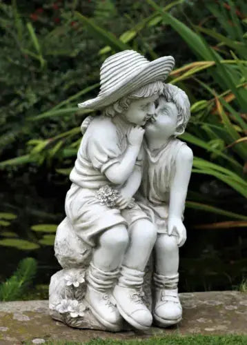 Garden Ornaments Boy & Girl Loving Kissing Cherub Statue Decor Beige Grey Large Royalcart