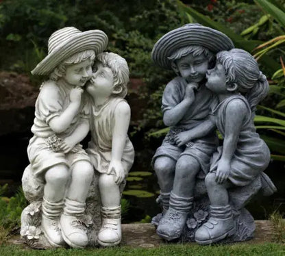 Garden Ornaments Boy & Girl Loving Kissing Cherub Statue Decor Beige Grey Large Royalcart