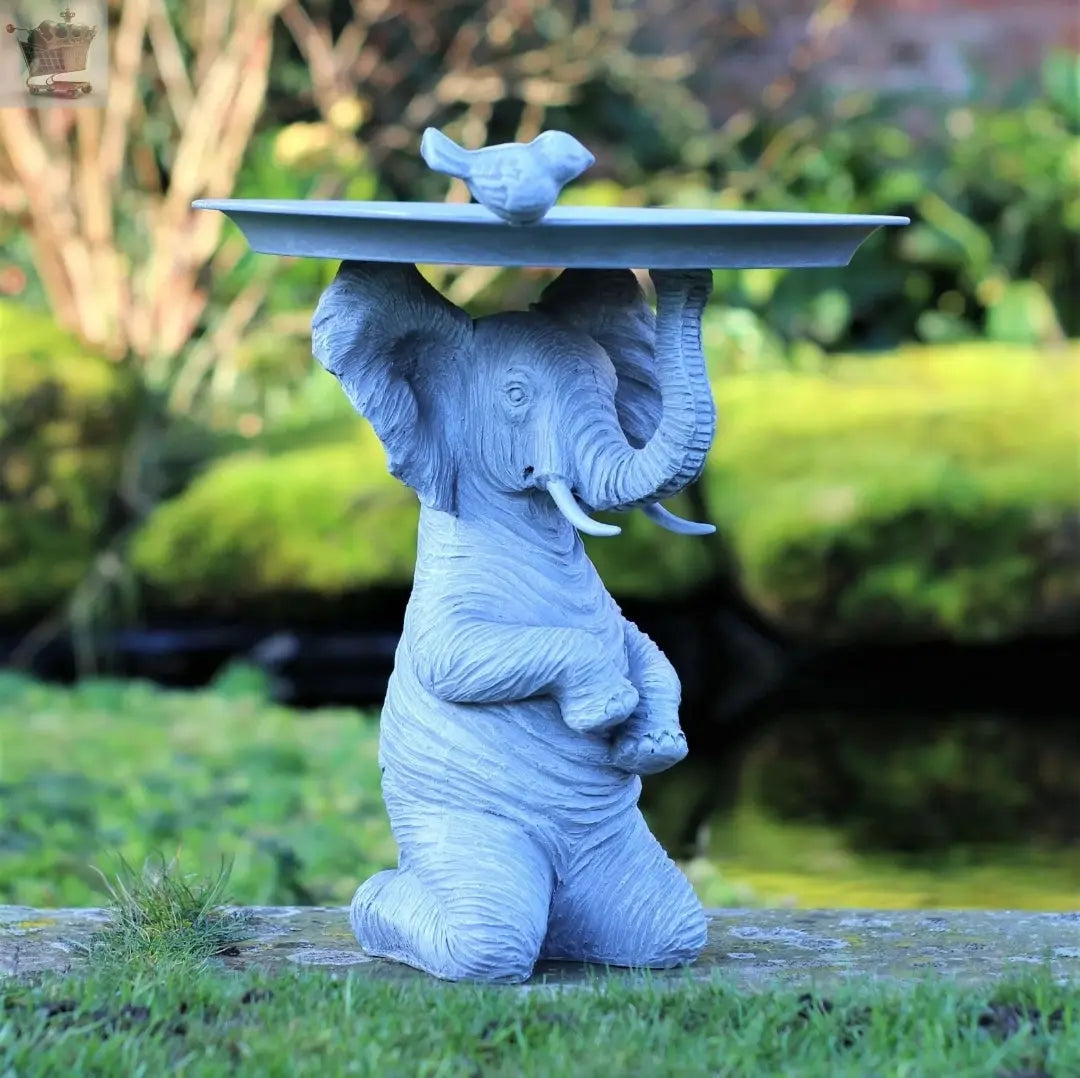 Garden Ornaments Elephant Bird Feeder Bath Grey Statue Outdoor Indoor 30cm Royalcart