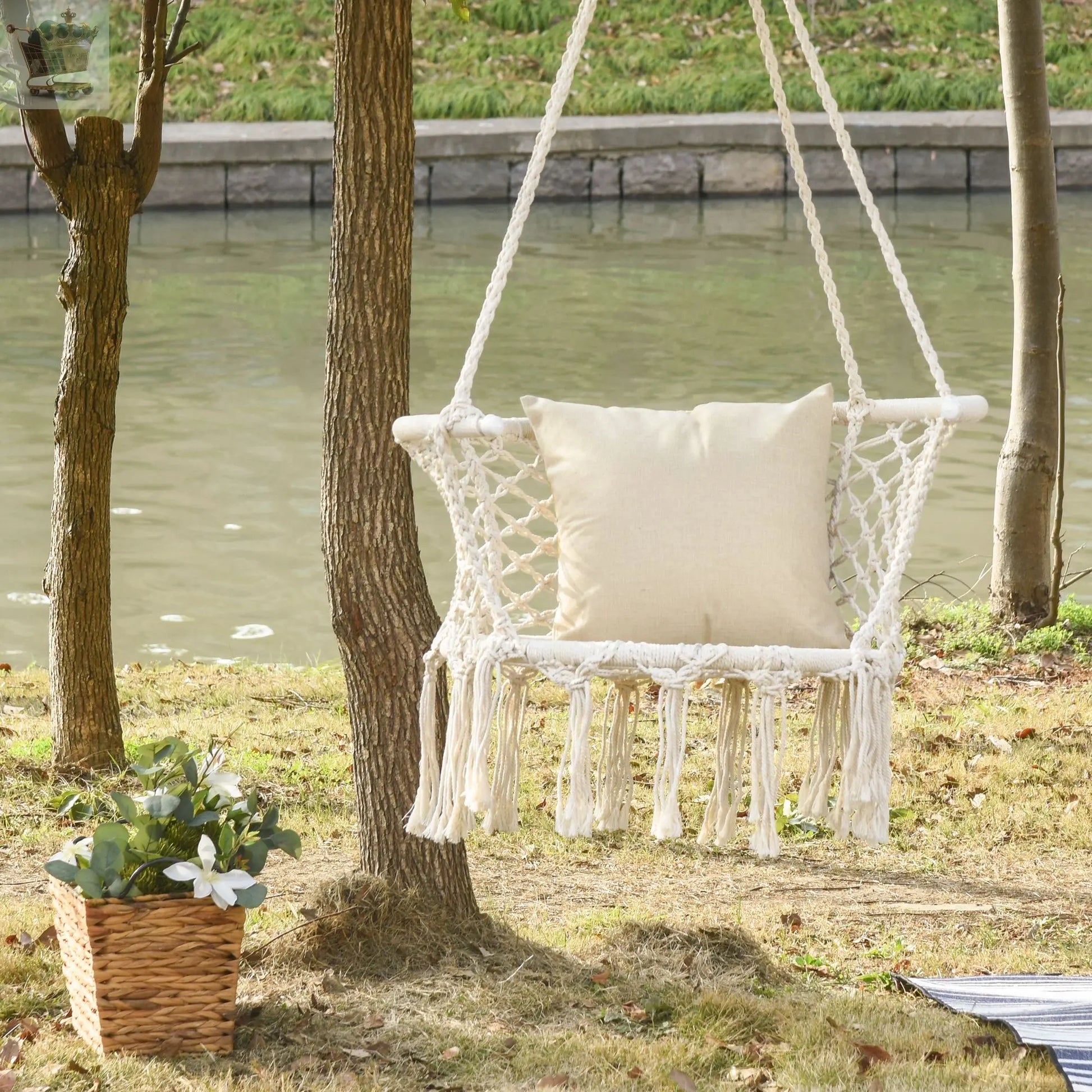 Hammock Chair Cotton Rope Porch Swing with Cushion for Indoor Outdoor Using Royalcart