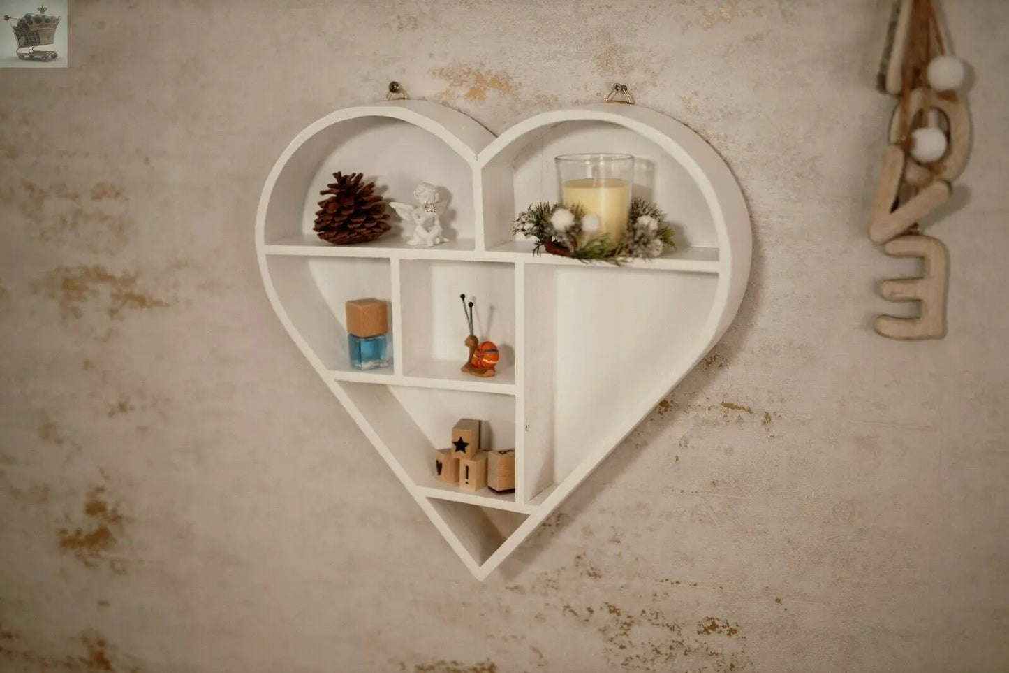 Hanging Wooden Shelf Floating Storage Display Unit Unique Rack Heart Shape White Royalcart