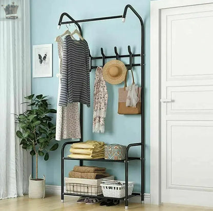 Hat and Coat Stand Clothes Rail Shoe Rack Hanger Hooks Metal Shelf With 4 Hooks Royalcart