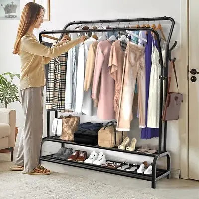 Heavy Duty Double Clothes Rail Rack Garment Hanging Stand Shoes Storage Shelves Gearcourt