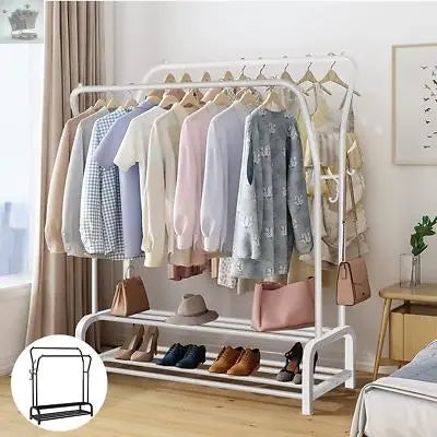 Heavy Duty Double Clothes Rail Rack Garment Hanging Stand Shoes Storage Shelves Gearcourt