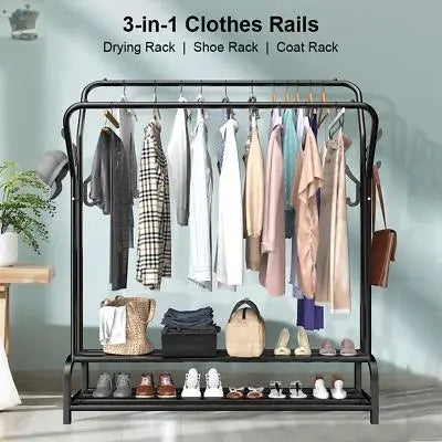 Heavy Duty Double Clothes Rail Rack Garment Hanging Stand Shoes Storage Shelves Gearcourt