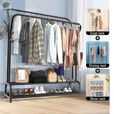 Heavy Duty Double Clothes Rail Rack Garment Hanging Stand Shoes Storage Shelves Gearcourt