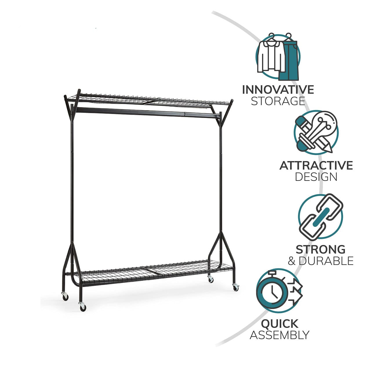 4/5/6ft Super Heavy Duty Metal Clothes Rail with Wheels - 1 Tier Rail Wardrobe Replacement - Hanging Clothing & Shoe Rack