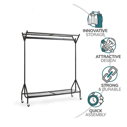 4/5/6ft Super Heavy Duty Metal Clothes Rail with Wheels - 1 Tier Rail Wardrobe Replacement - Hanging Clothing & Shoe Rack