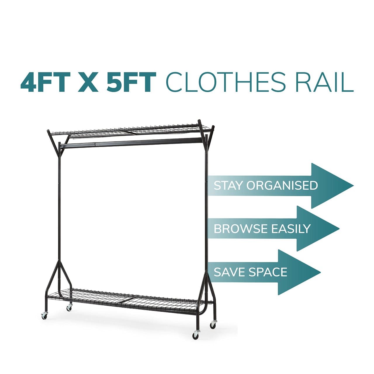 4/5/6ft Super Heavy Duty Metal Clothes Rail with Wheels - 1 Tier Rail Wardrobe Replacement - Hanging Clothing & Shoe Rack