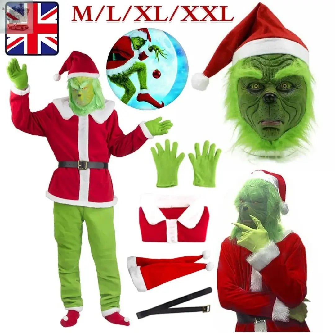 Kids Christmas The Grinch Costume Cosplay Santa Fancy Mask Outfit Dress UK Royalcart