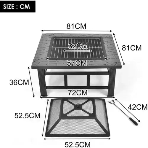 LARGE FIRE PIT BBQ OUTDOOR IRON GRILL SQUARE GARDEN TABLE PATIO LOG BURNER STOVE Royalcart