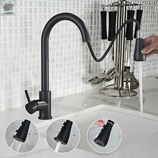 Matt Black Monobloc Kitchen Sink Mixer Tap with Pull Out Hose Spray Single Lever Gearcourt