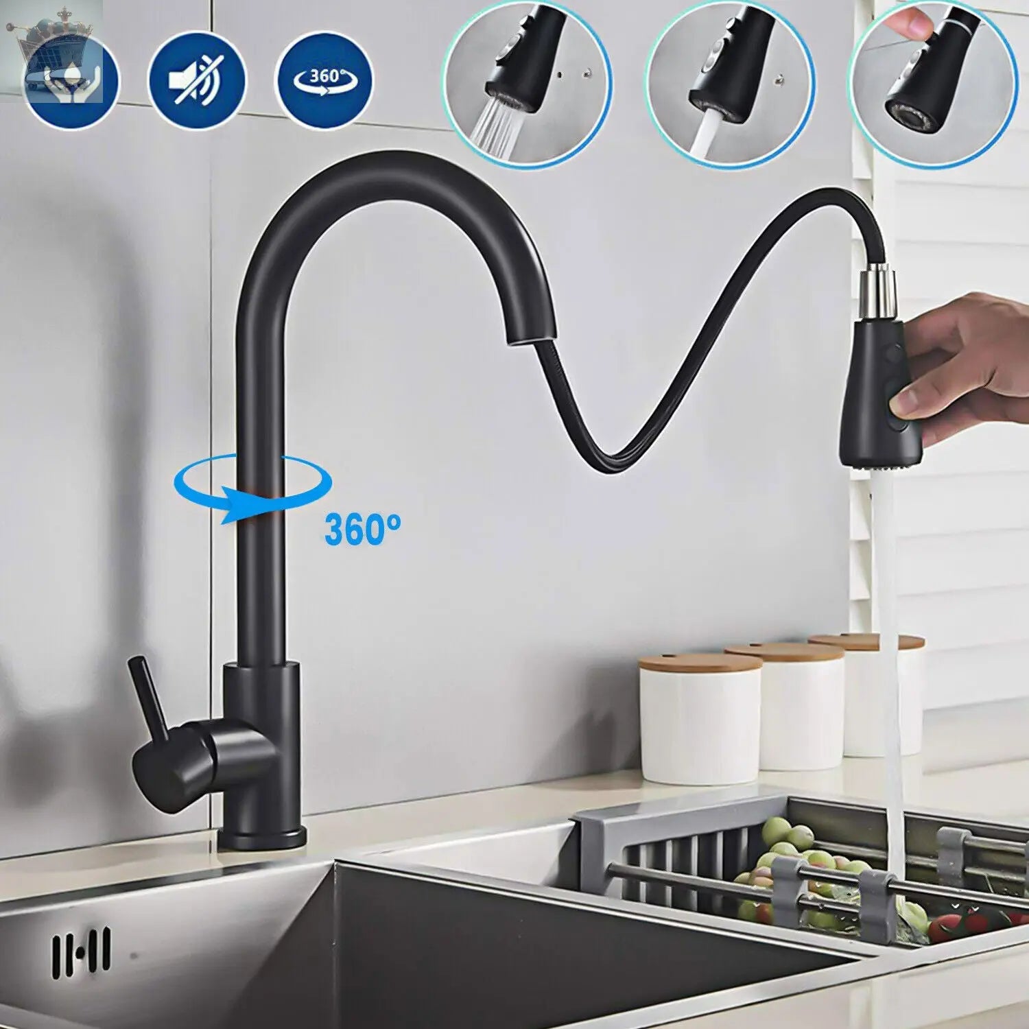 Matt Black Monobloc Kitchen Sink Mixer Tap with Pull Out Hose Spray Single Lever Gearcourt