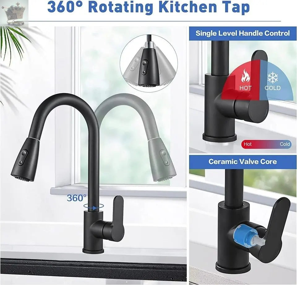 Matt Black Monobloc Kitchen Sink Mixer Tap with Pull Out Hose Spray Single Lever Gearcourt