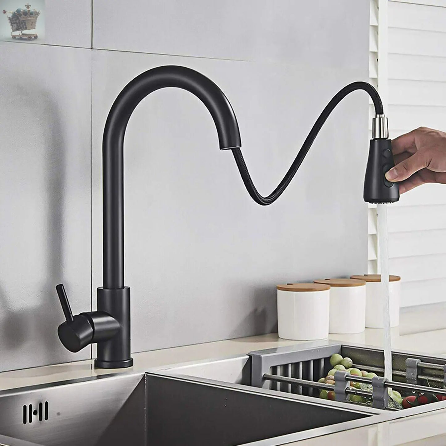 Matt Black Monobloc Kitchen Sink Mixer Tap with Pull Out Hose Spray Single Lever Gearcourt