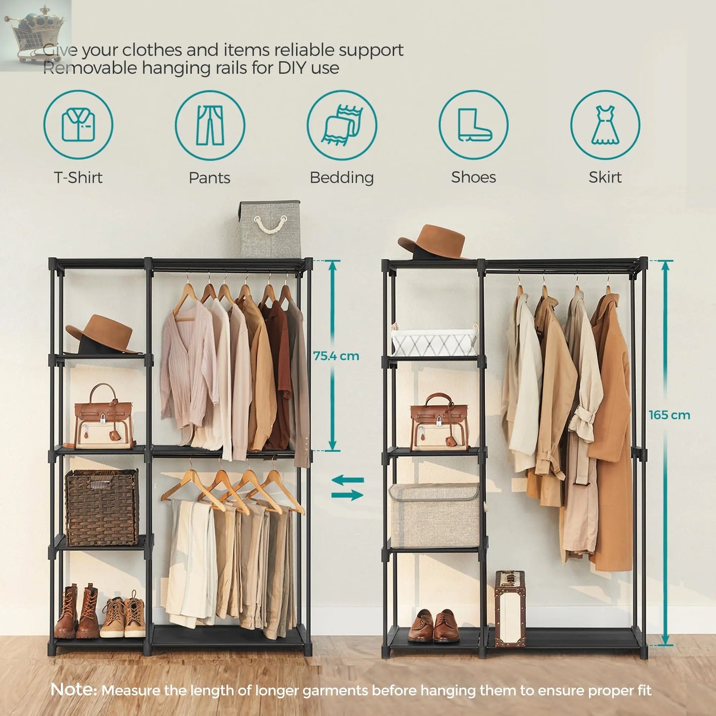 Open Wardrobe, Freestanding Wardrobe Vertical Shelf, Coat Rack with Clothes Racks, Dressing Room 43 x 112 x 165 cm - Royalcart