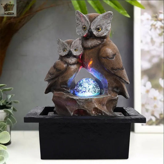 Owl Water Feature Fountain Electric LED Rotating Ball Garden Home Counter Decor Royalcart