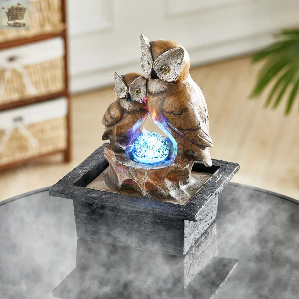 Owl Water Feature Fountain Electric LED Rotating Ball Garden Home Counter Decor Royalcart