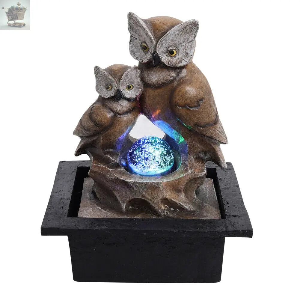 Owl Water Feature Fountain Electric LED Rotating Ball Garden Home Counter Decor Royalcart