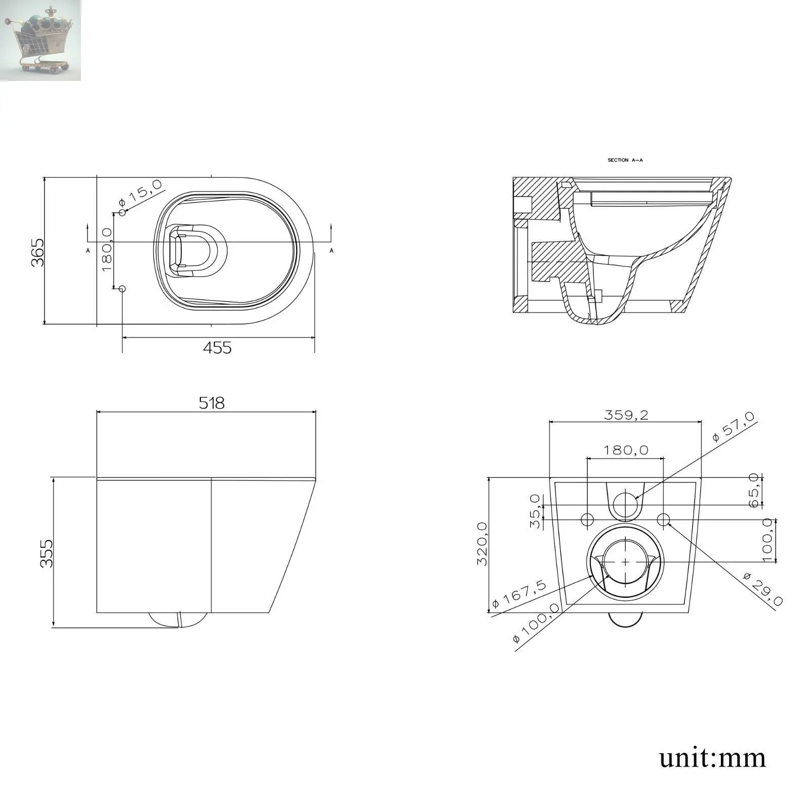 Rimless Wall Mounted Toilet Bathroom White Soft Close Seat Short Projection Royalcart