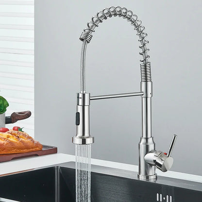 360°Chrome Spring Pull Down Kitchen Faucets Stream Spray Head Hot Cold Water Tap Stainless steel Rotation Kitchen Mixer Tap Crane