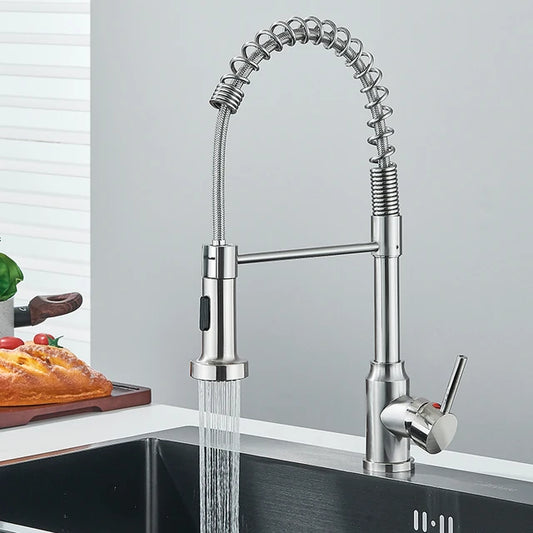 360°Chrome Spring Pull Down Kitchen Faucets Stream Spray Head Hot Cold Water Tap Stainless steel Rotation Kitchen Mixer Tap Crane