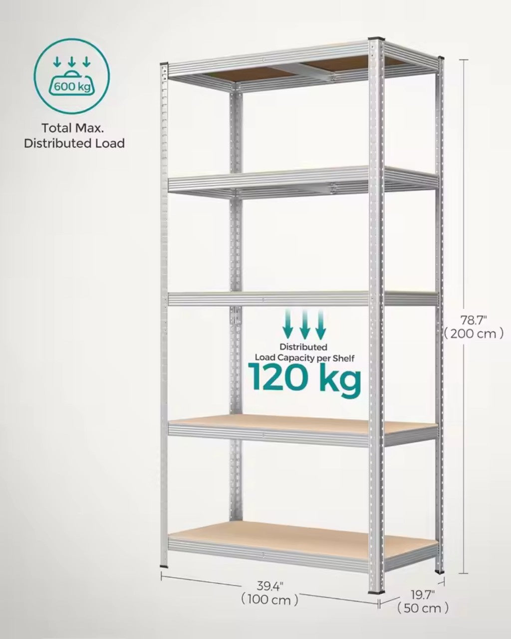 5 Tier Shelving Unit 200x100x50cm Heavy Duty Adjustable Storage Shelves