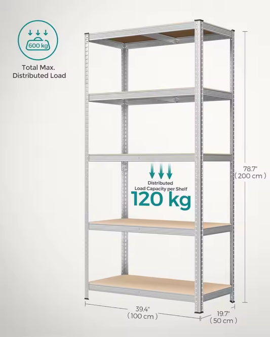 5 Tier Shelving Unit 200x100x50cm Heavy Duty Adjustable Storage Shelves