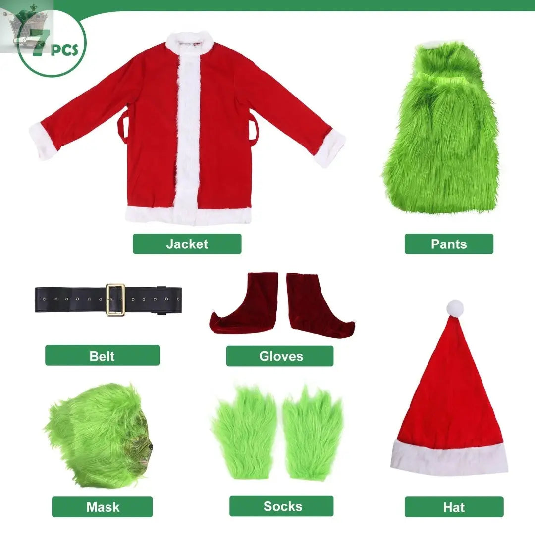 The Grinch Costume Mask Cosplay Adult Christmas Santa Suit Fancy Dress Outfit UK Royalcart