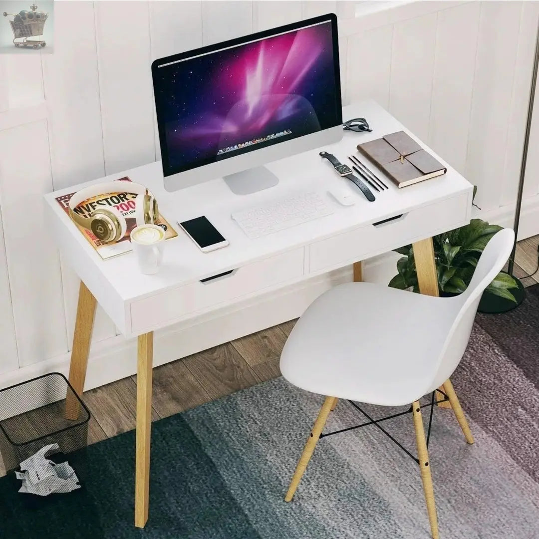 Wooden Computer Desk Dressing Table Home Office Study Bedroom With Drawers White - Royalcart