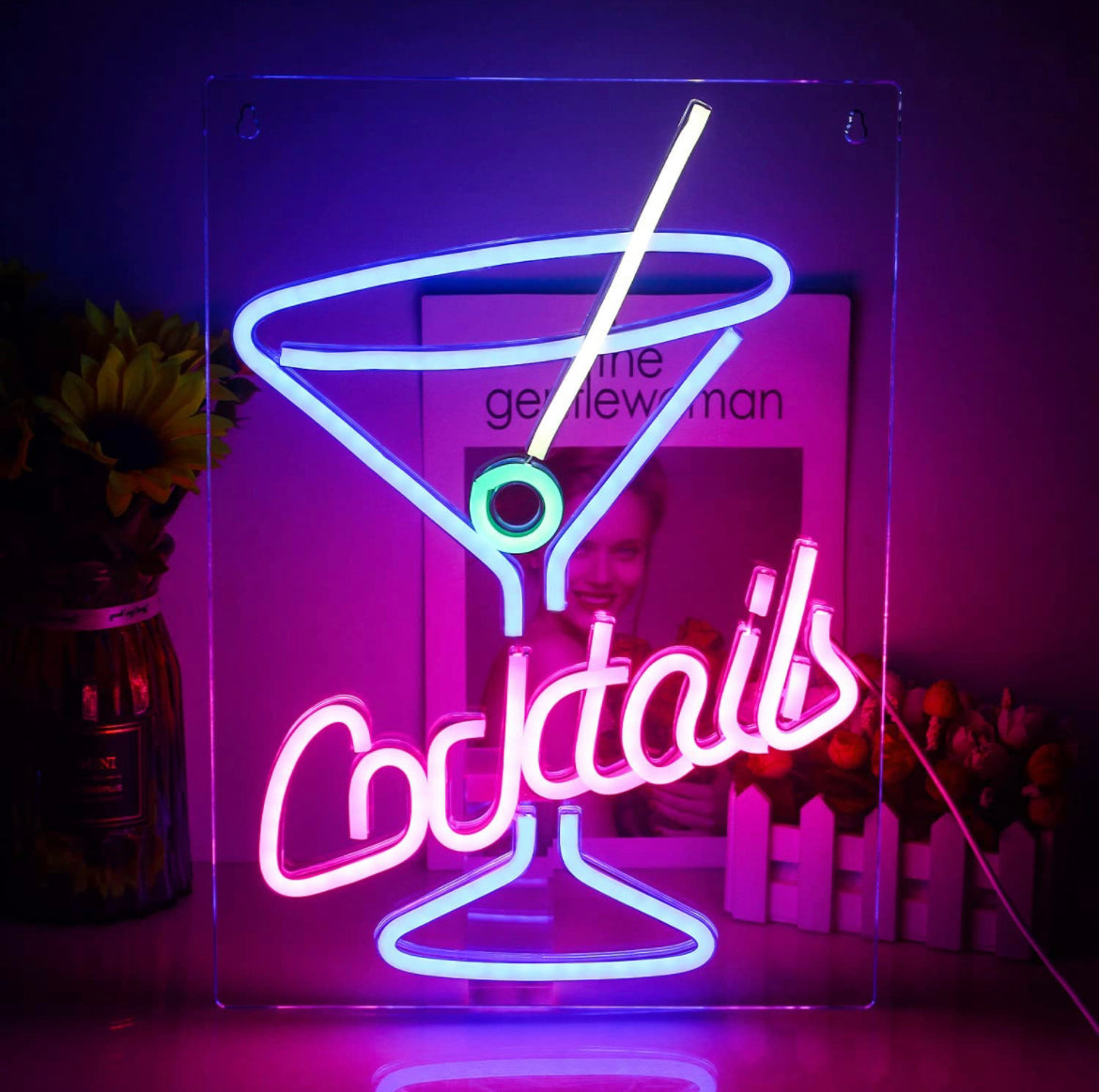 Cocktail Bar Neon Sign Blue Goblet LED Light Signs Pink Neon Signs Martini Glass Royalcart