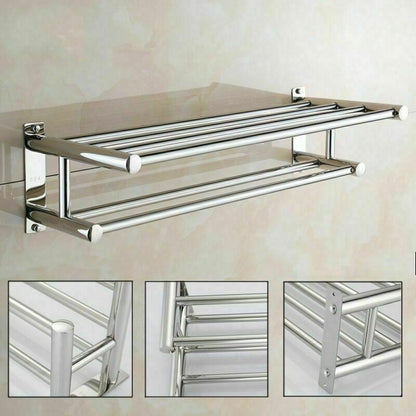 60CM Large Double Chrome Towel Rail Holder Wall Mounted Bathroom Rack Shelf