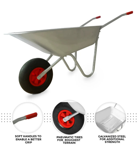 65L Wheelbarrow Heavy Duty Galvanised Home Garden Metal Cart with Pneumatic Tyre Royalcart