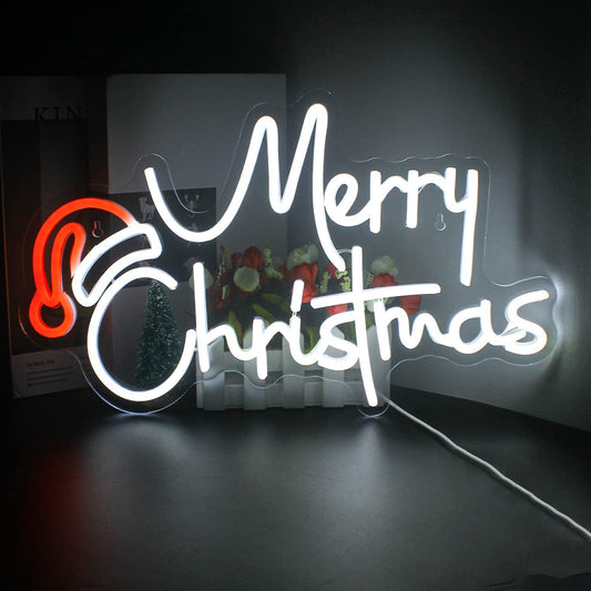 Merry Christmas Hat Led Neon Light, White Letters Acrylic Neon Light Signs