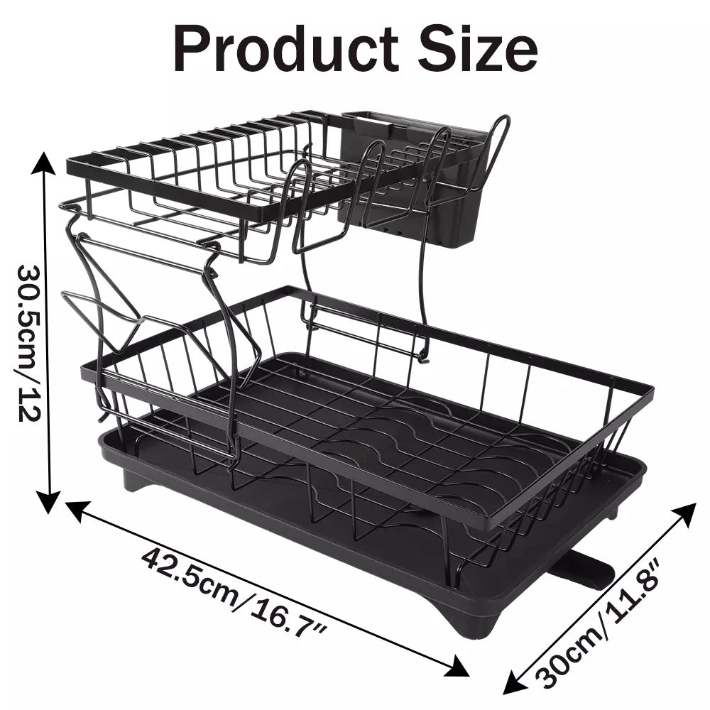 2 Tier Dish Drainer Rack Cutlery Holder Plate Rack Kitchen Sink with Drip Tray
