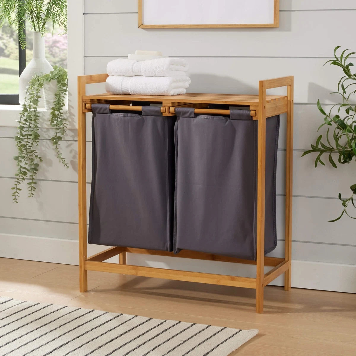 Bamboo Laundry Basket with Grey Pull out Fabric Compartments Bathroom Storage