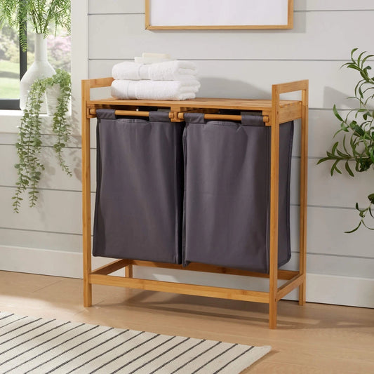 Bamboo Laundry Basket with Grey Pull out Fabric Compartments Bathroom Storage
