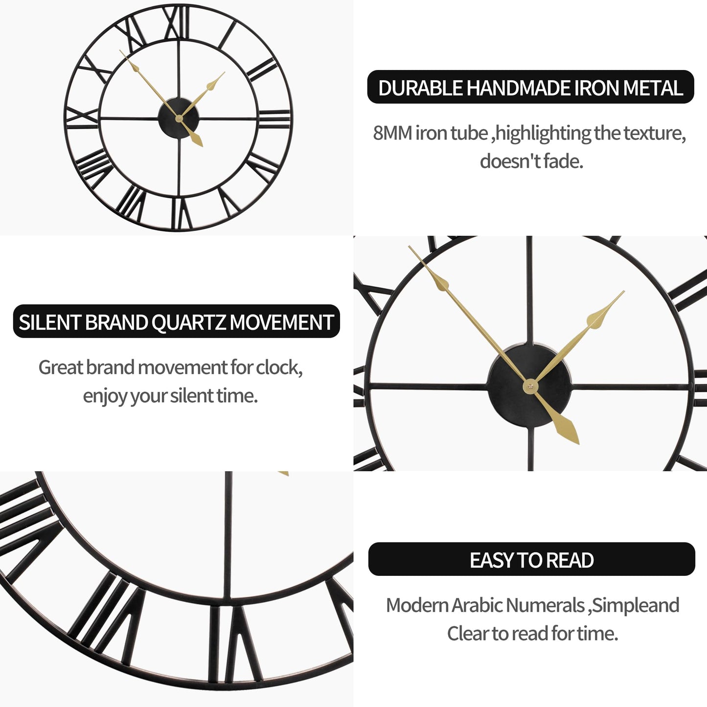 80CM Large Wall Clock 30 Inches Oversized Modern Round Black Metal