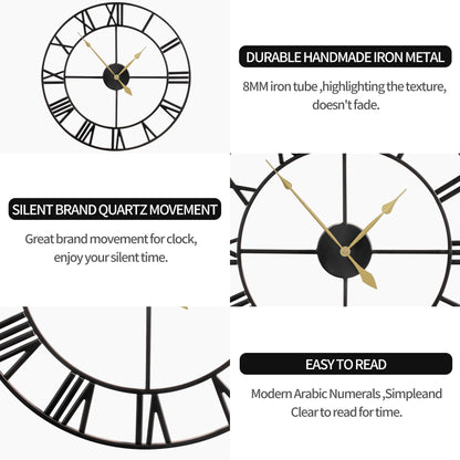 80CM Large Wall Clock 30 Inches Oversized Modern Round Black Metal