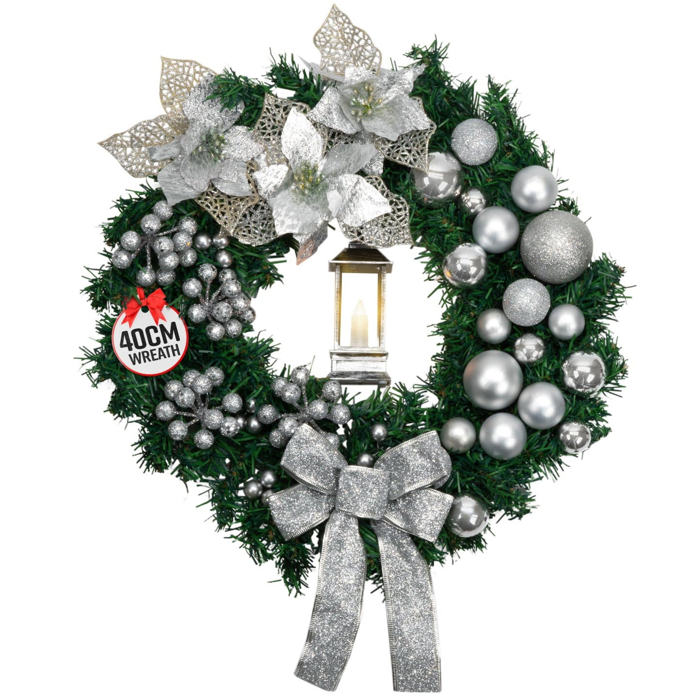 40cm Christmas Wreath with Bows Baubles & Lantern