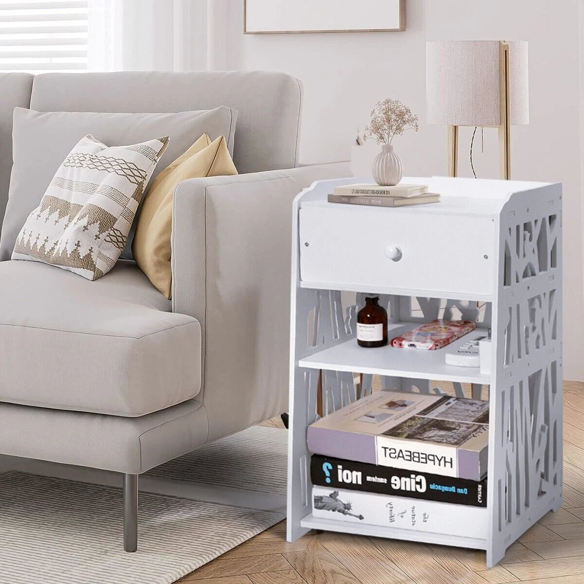 Bedside Table White Drawer Cabinet Small Side End Table Nightstand Storage Shelf