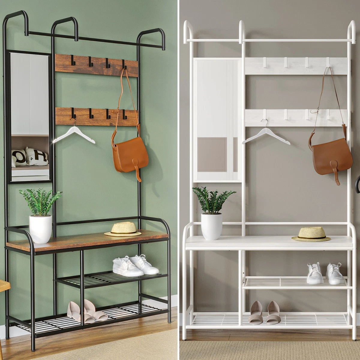Entryway Hallway Coat Hanger Stand & Shoe Bench Storage Display Rack with Mirror