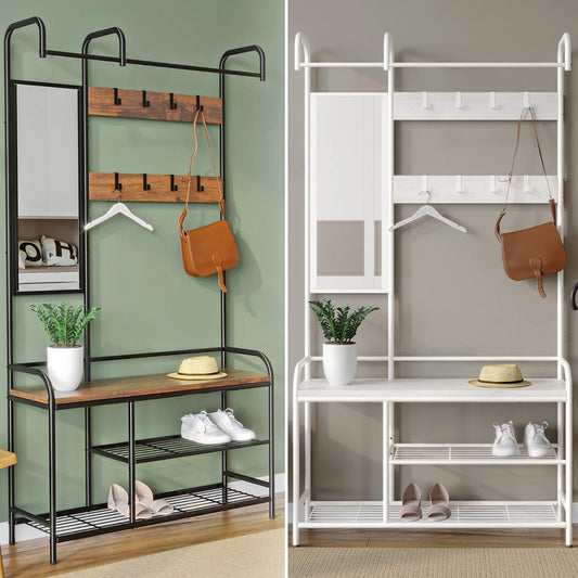 Entryway Hallway Coat Hanger Stand & Shoe Bench Storage Display Rack with Mirror