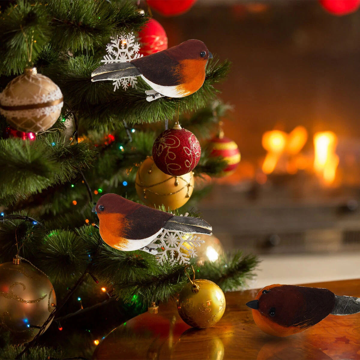 6x Mini Clip On Robins Cute Festive Tree Bird Simulation Feather Decoration
