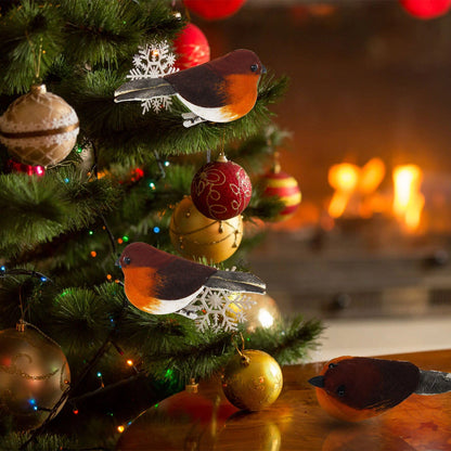6x Mini Clip On Robins Cute Festive Tree Bird Simulation Feather Decoration