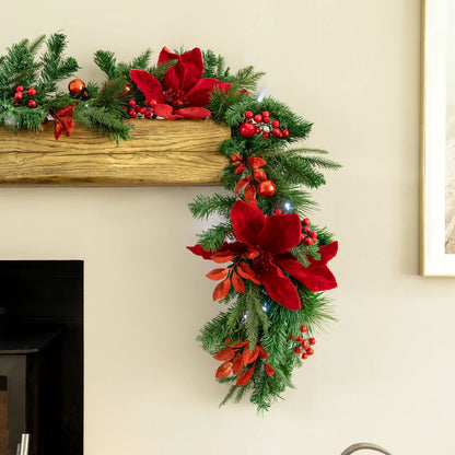 Christmas Light Up Garland 9ft Artificial Luxury Red Poinsettia Warm White LED's